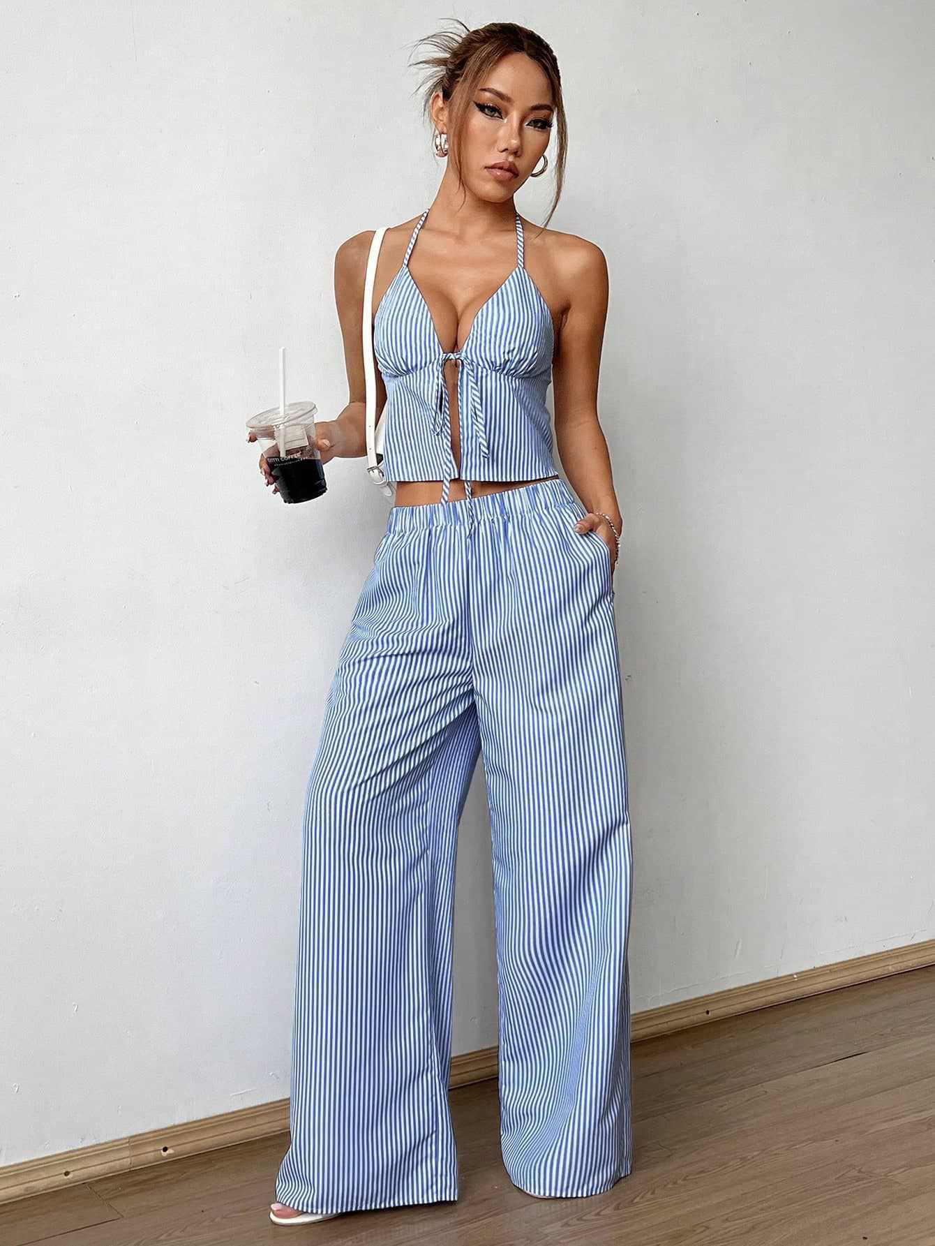 Striped Lace Up Camisole Colla - Sewing Vest avis et prix