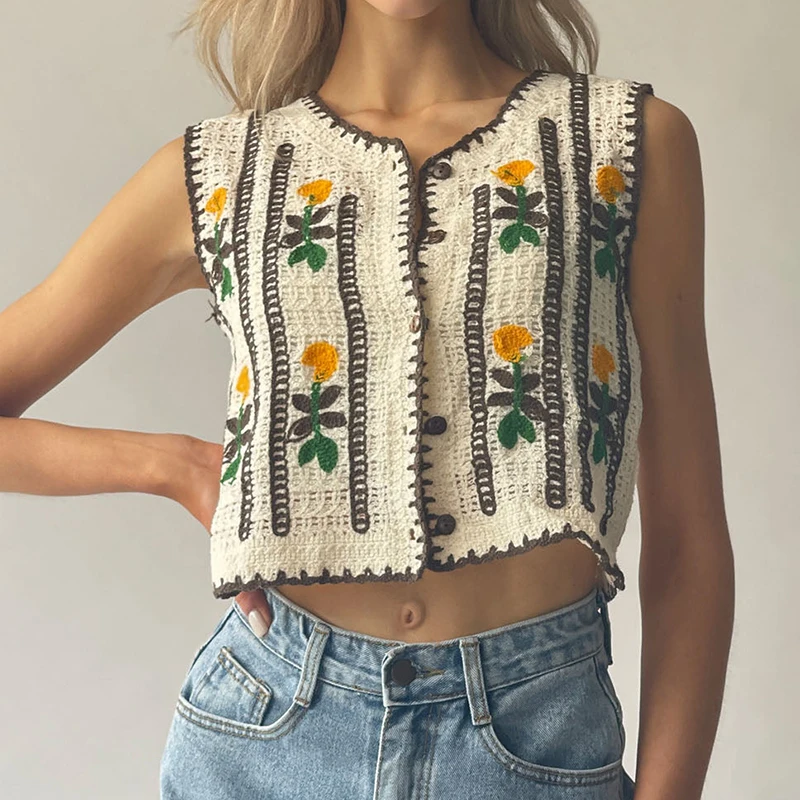 Floral Embroidered Crochet Swe - Sewing Vest avis et prix